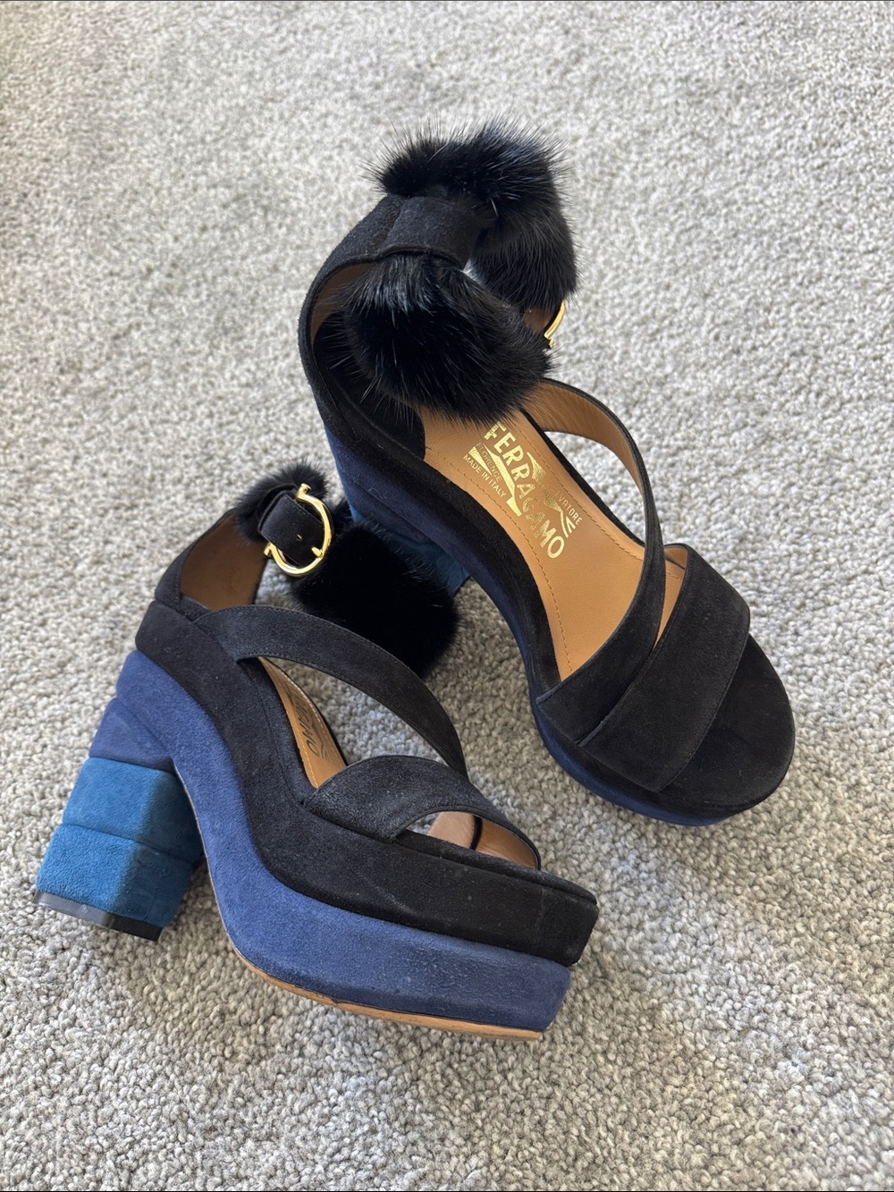 Salvatore Ferragamo Black and Navy Suede Platform Sandals with Pom Pom